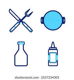 Set line Mustard bottle, Ketchup, Barbecue grill and Crossed fork and knife icon. Vector