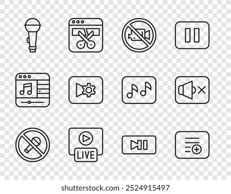 Definir linha Microfone sem áudio, Adicionar à lista de reprodução, Proibição de gravação de vídeo, Transmissão ao vivo, Microfone, Configurações de música, botão Pausar e ícone de som do alto-falante. Vetor