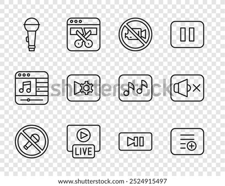 Set line Mute microphone, Add to playlist, Prohibition no video recording, Live stream, Microphone, Music settings, Pause button and Speaker mute icon. Vector