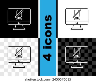 Set line Mute microphone on computer icon isolated on black and white, transparent background. Microphone audio muted.  Vector