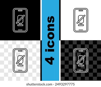 Establecer línea Silenciar el micrófono en el icono del teléfono móvil aislado en blanco y negro, fondo transparente. Audio del micrófono silenciado.  Vector