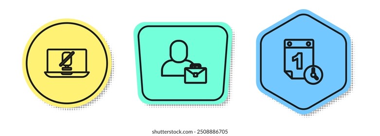 Definir linha Mute microfone no laptop, Freelancer e gerenciamento de tempo. Formas coloridas. Vetor