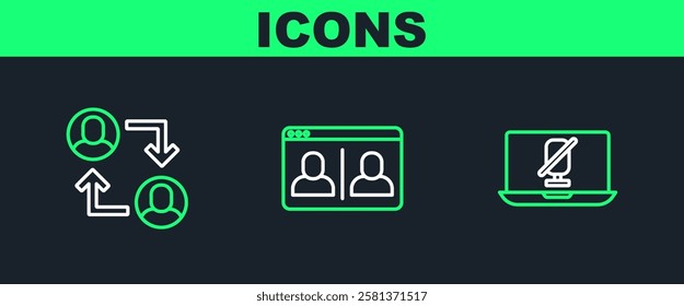 Set line Mute microphone on laptop, Project team base and Video chat conference icon. Vector