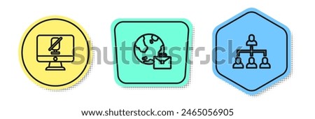 Set line Mute microphone on computer, Online working and Hierarchy organogram chart. Colored shapes. Vector