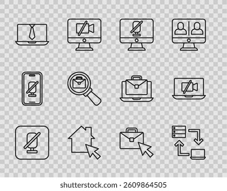 Set line Mute microphone, Online working, computer, Video chat conference, Magnifying glass with briefcase,  and camera Off laptop icon. Vector