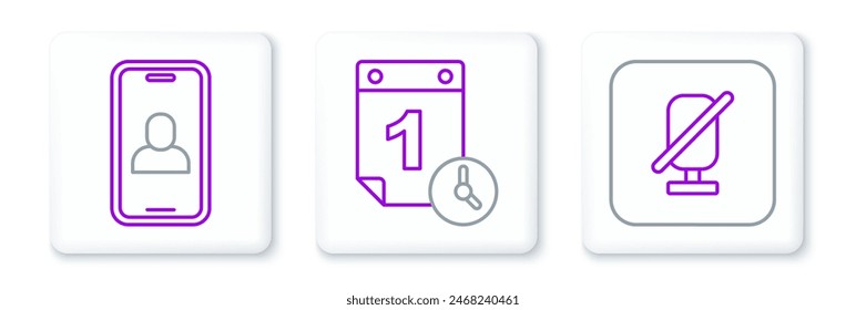 Set line Mute microphone, Video chat conference and Time management icon. Vector