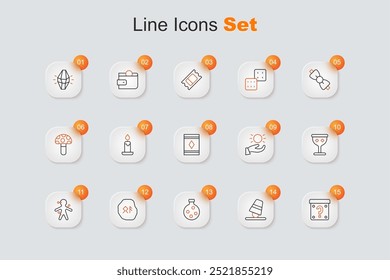 Set line Mystery box, Game thimbles, Bottle with potion, Magic runes, Voodoo doll, Medieval goblet, Ball levitating above hand and carpet icon. Vector