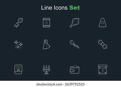 Set line Mystery box, Wallet, Candlestick, Ancient magic book, Bow tie, Magic staff, Rabbit with ears and Magical glitter particles icon. Vector