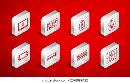 Set line Mystery or random box, Create account screen, Computer mouse gaming, Bomb ready to explode, Video game console, Laptop,  and Portable video icon. Vector
