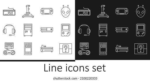 Set line Mystery or random box, Portable video game console, Computer, Headphones, keyboard, Video and Joystick for arcade machine icon. Vector