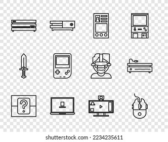 Set line Mystery or random box, Computer mouse gaming, Create account screen, Laptop, Video game console, Portable video, Live streaming online and  icon. Vector
