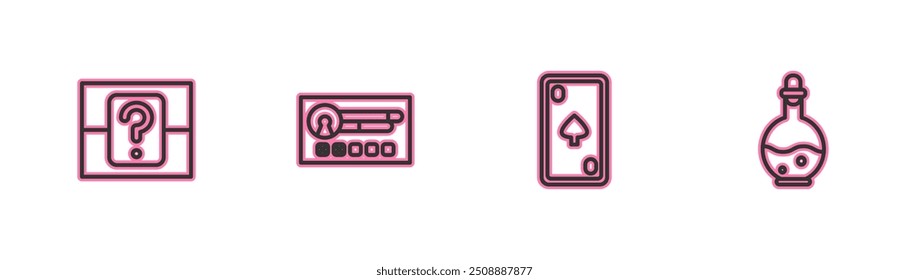 Set line Mystery or random box, Playing card with diamonds, Create account screen and Bottle magic elixir icon. Vector