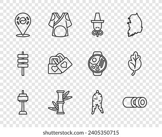 Set line N Seoul tower in South Korea, Sushi, Korean hat, Bamboo, Location, Lock with heart, Ginseng root and Kimchi icon. Vector