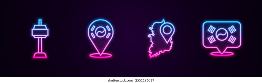 Set line N Seoul tower in South Korea, Location, map and . Glowing neon icon. Vector