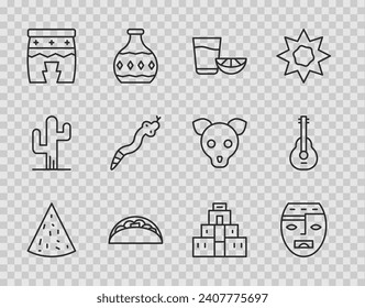 Set line Nachos, Aztec mask, Tequila glass with lemon, Taco tortilla, Huehuetl, Snake, Chichen Itza in Mayan and Mexican guitar icon. Vector