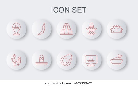 Set line Nachos in bowl, Cactus, Chichen Itza Mayan, Mexican sombrero, Hot chili pepper pod,  and Avocado fruit icon. Vector