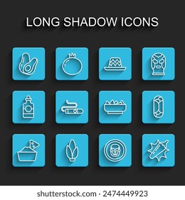 Set line Nachos in bowl, Corn, Avocado fruit, Mexican skull coin, Hot chili pepper pod, Cigar, Burrito and  icon. Vector