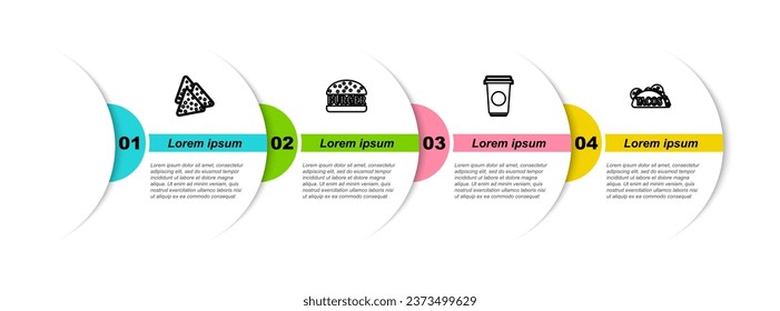 Set line Nachos, Burger, Coffee cup and Taco with tortilla. Business infographic template. Vector
