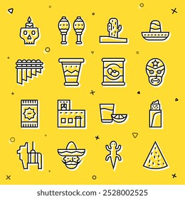 Set line Nachos, Burrito, Mexican wrestler, Cactus, drum, Pan flute, Burning candle on skull and Beans icon. Vector