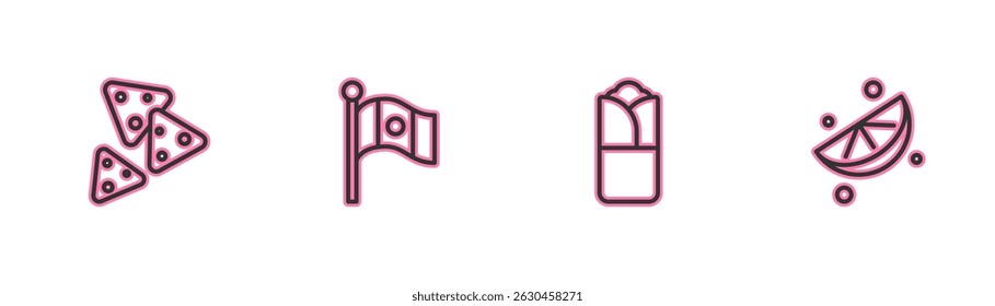 Set line Nachos, Burrito, Mexico flag and Sliced lime icon. Vector