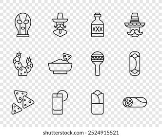 Set line Nachos, Burrito, Tequila bottle, glass with lemon, Mexican wrestler, in bowl,  and  icon. Vector