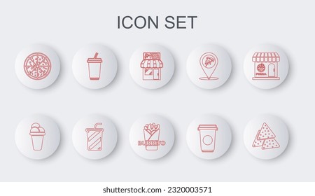 Set line Nachos, Ice cream, Pizzeria building facade, Coffee cup, Pizza, Glass with water,  and Burrito icon. Vector