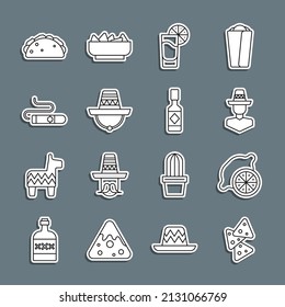 Set line Nachos, Lemon, Mexican man sombrero, Tequila glass with lemon, Cigar, Taco tortilla and Tabasco sauce icon. Vector