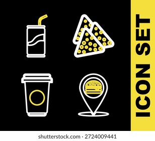 Set line Nachos, Locación con hamburguesa, taza de café y soda puede beber icono de paja. Vector
