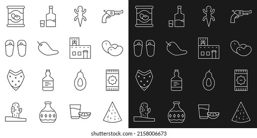 Set line Nachos, Mexican carpet, Beans, Lizard, Hot chili pepper pod, Flip flops, in and house icon. Vector