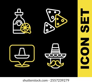 Set line Nachos, Mexican man sombrero,  and Tequila bottle with lemon icon. Vector