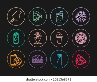 Set line Nachos, Pizza, Glass with water, Location slice pizza, Burrito, Ice cream,  and Slice of icon. Vector