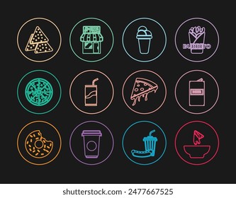 Set line Nachos in plate, Beer can, Ice cream, Soda with drinking straw, Pizza, Slice of pizza and Pizzeria building facade icon. Vector