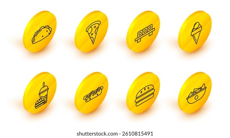 Set line Nachos in plate, Burger, Hotdog sandwich with mustard, Paper glass drinking straw burger, Ice cream waffle cone, Sushi cutting board, Slice of pizza and Taco tortilla icon. Vector