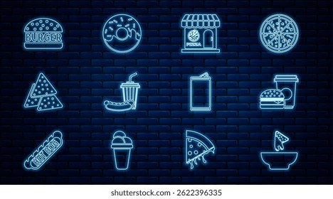 Set line Nachos in plate, Coffee and burger, Pizzeria building facade, Soda hotdog, Burger, Aluminum can and Donut icon. Vector