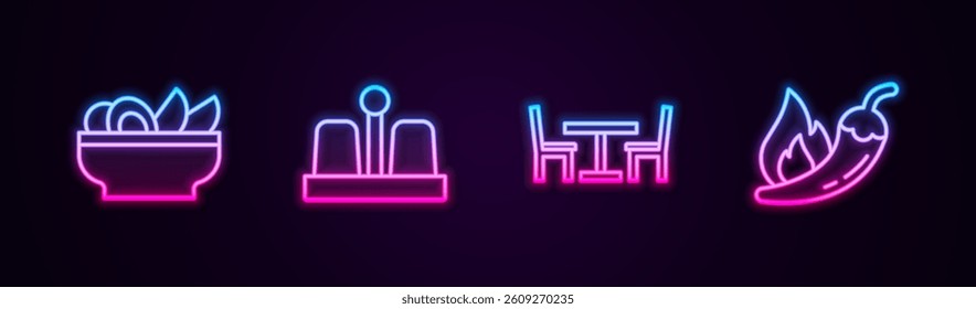 Set line Nachos in plate, Salt and pepper, Wooden table with chair and Hot chili pod. Glowing neon icon. Vector