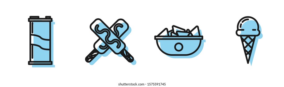 Set line Nachos in plate, Soda can, Ice cream and Ice cream in waffle cone icon. Vector