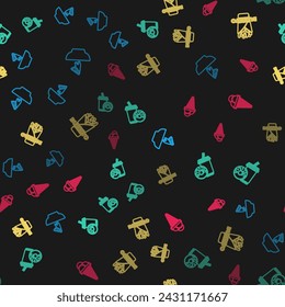 Set line Nachos in plate, Soda drink with donut, Burrito and Ice cream waffle cone on seamless pattern. Vector