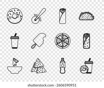 Set line Nachos in plate, Soda drink with donut, Burrito, Donut, Ice cream, Bottle of water and  icon. Vector