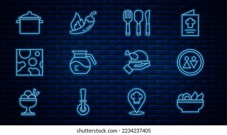 Set line Nachos in plate, Toilet, Fork, spoon and knife, Coffee pot, Cheese, Cooking, Roasted turkey chicken and Hot chili pepper pod icon. Vector