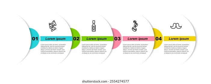 Set line Nachos, Tabasco sauce, Coffee beans and Mustache. Business infographic template. Vector