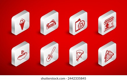 Set line Nachos, Taco with tortilla, Aluminum can soda and donut, Pizzeria building facade, Slice of pizza, Ice cream waffle cone, Pizza knife and plate icon. Vector