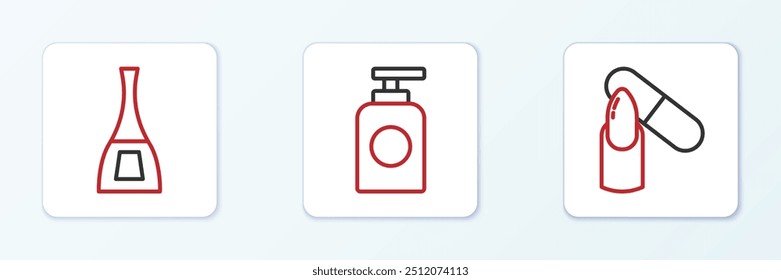 Set línea lima de uñas, botella de esmalte de uñas y tubo icono de crema de manos. Vector