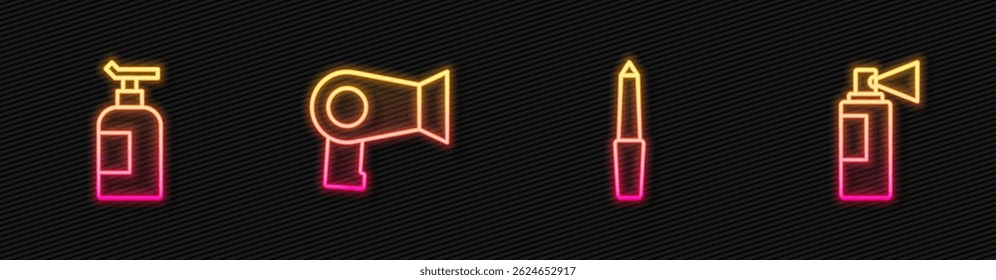 Set line Nail file, Cream or lotion cosmetic tube, Hair dryer and Perfume. Glowing neon icon. Vector