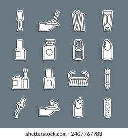 Fijar línea archivo Nail, empujador de cutícula, uña rota, cortador, Tubo de crema de mano, esmalte de botella e icono de manicura. Vector