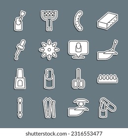 Set line Nail file, False nails, Manicure, Pipette with oil, Milling cutter for manicure and  icon. Vector