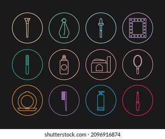 Fijar la línea Archivo Nail, Espejo de mano, Pipeta, lata Spray, Pincel Makeup, Tubo cosmético Cream e icono Perfume. Vector