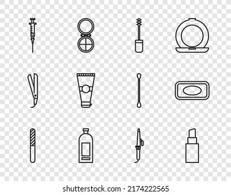 Set line Nail file, Lipstick, Mascara brush, Bottle of shampoo, Syringe, Lotion cosmetic tube, Curling iron and Bar soap icon. Vector