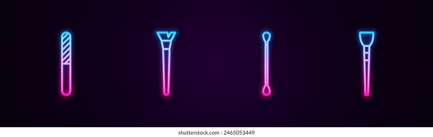 Lámina de uñas, Cepillo de maquillaje, Algodón para las orejas y . Icono de neón brillante. Vector