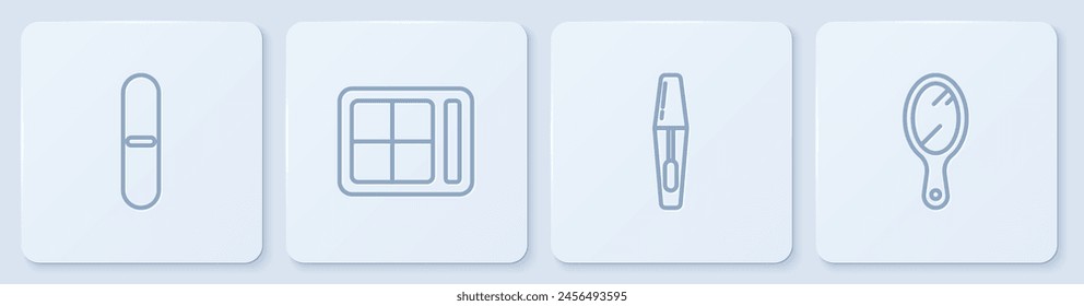 Set line Nagelfeile, Mascara Pinsel, Lidschatten Palette und Hand Spiegel. Weißes quadratisches Button. Vektorgrafik