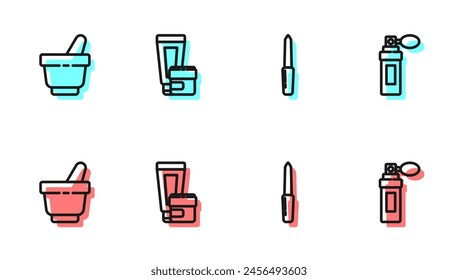 Fijación de línea Nail file, mortero y almirez, crema loción tubo cosmético e icono de perfume. Vector